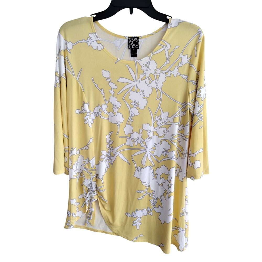 Clara Sunwoo Yellow & White Abstract Floral 3/4 Sleeve Asymmetrical Top Small
